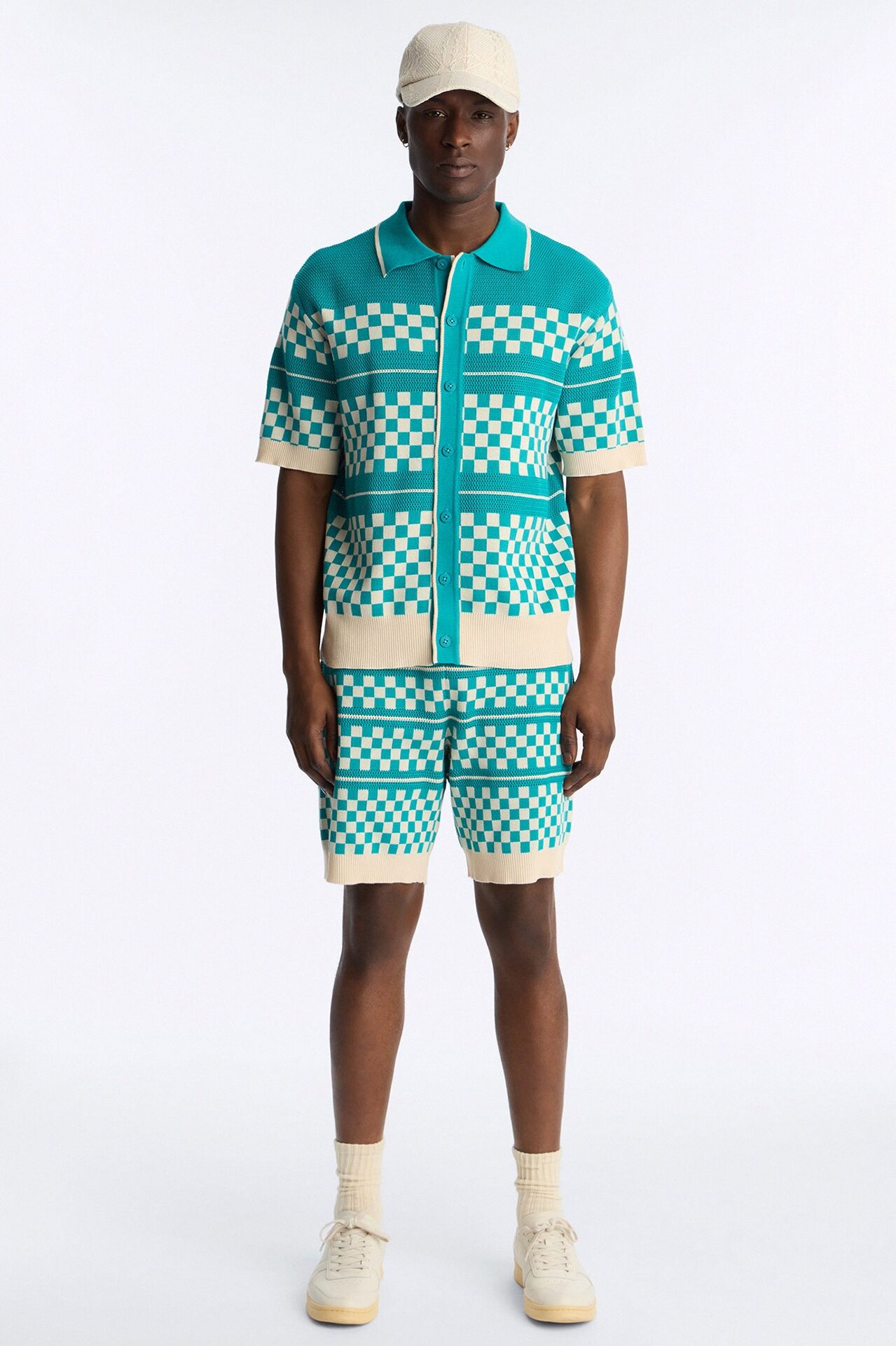 Knitted Pawn Checker Button Up Shirt - Teal/combo