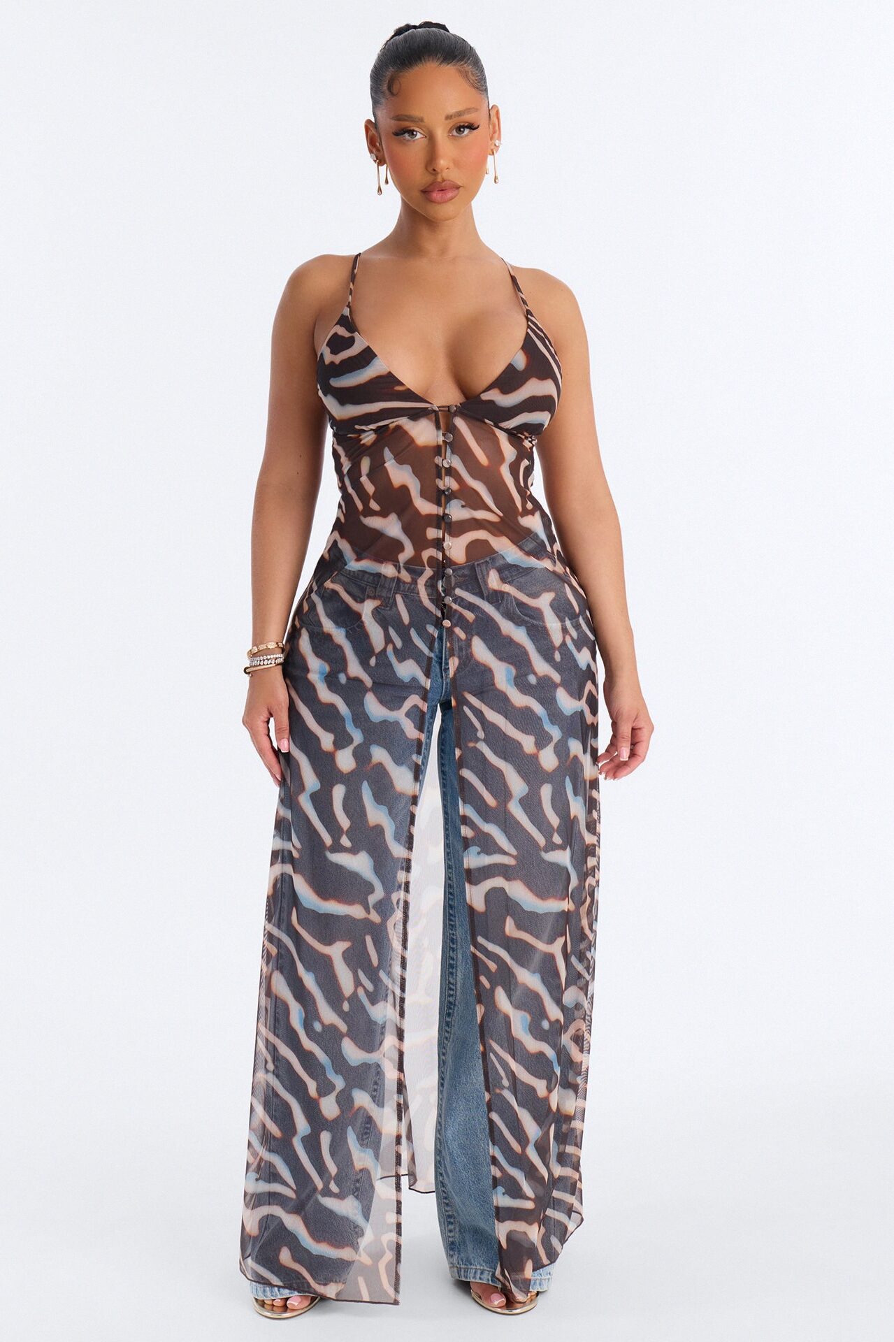 Amaya Abstract Mesh Flyaway Top - Black/combo