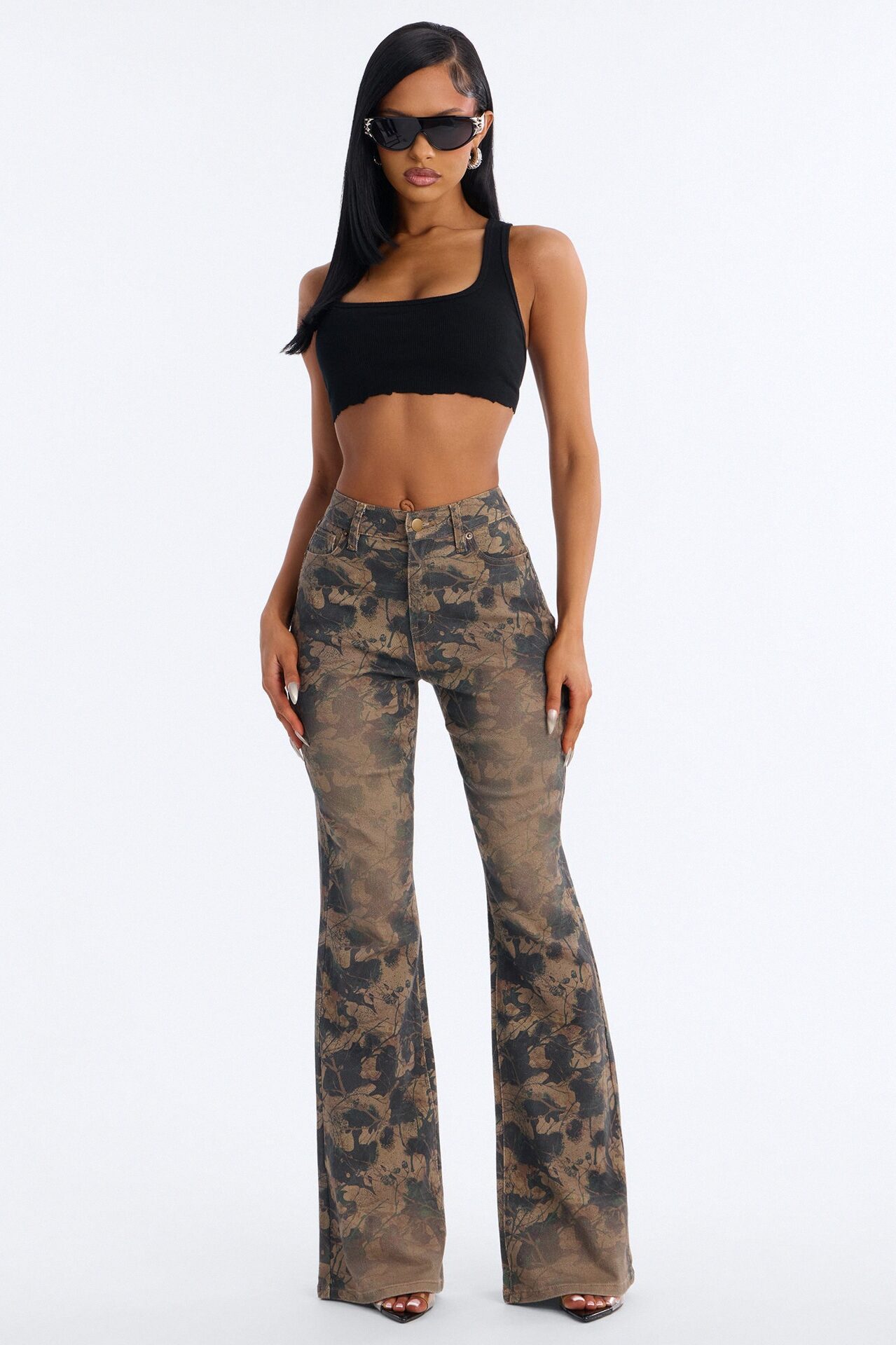 Positive Negative Stretch Printed Flare Jeans - Camouflage