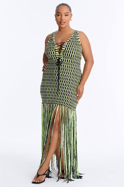 After Hours Fringe Sweater Maxi Dress - Green/combo