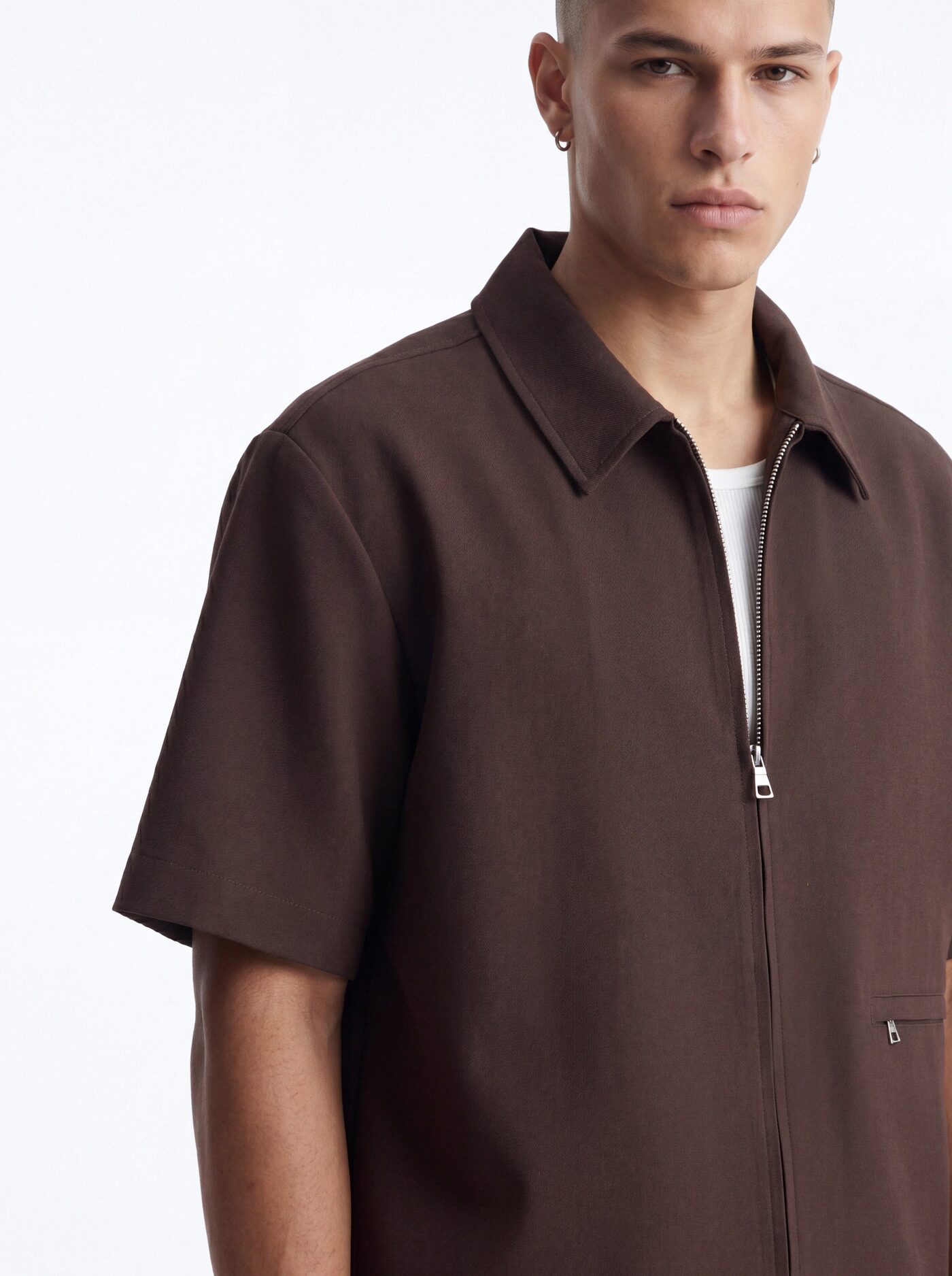Modern Essential Short Sleeve Zip Collar Shirt - Chocolate