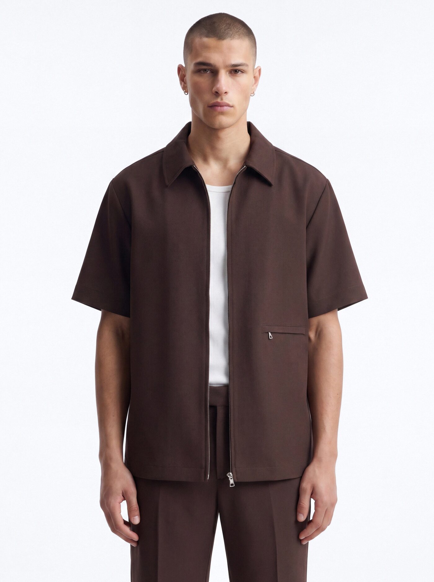 Modern Essential Short Sleeve Zip Collar Shirt - Chocolate