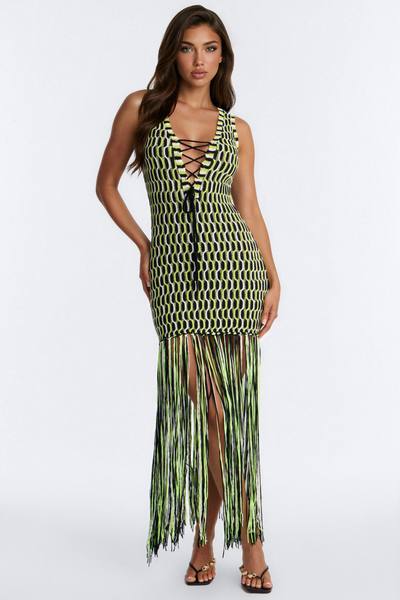 After Hours Fringe Sweater Maxi Dress - Green/combo