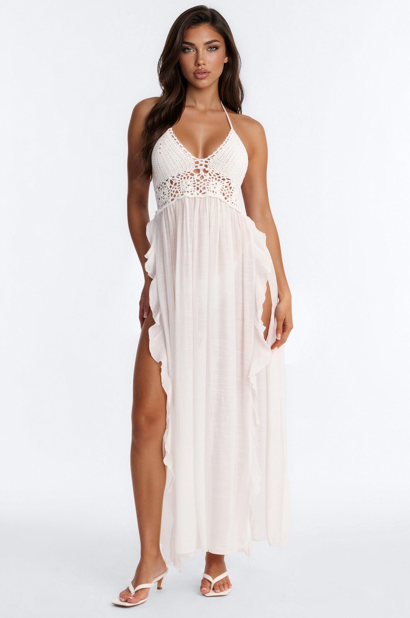 Loren Cover Up Crochet Halter Maxi Dress - White
