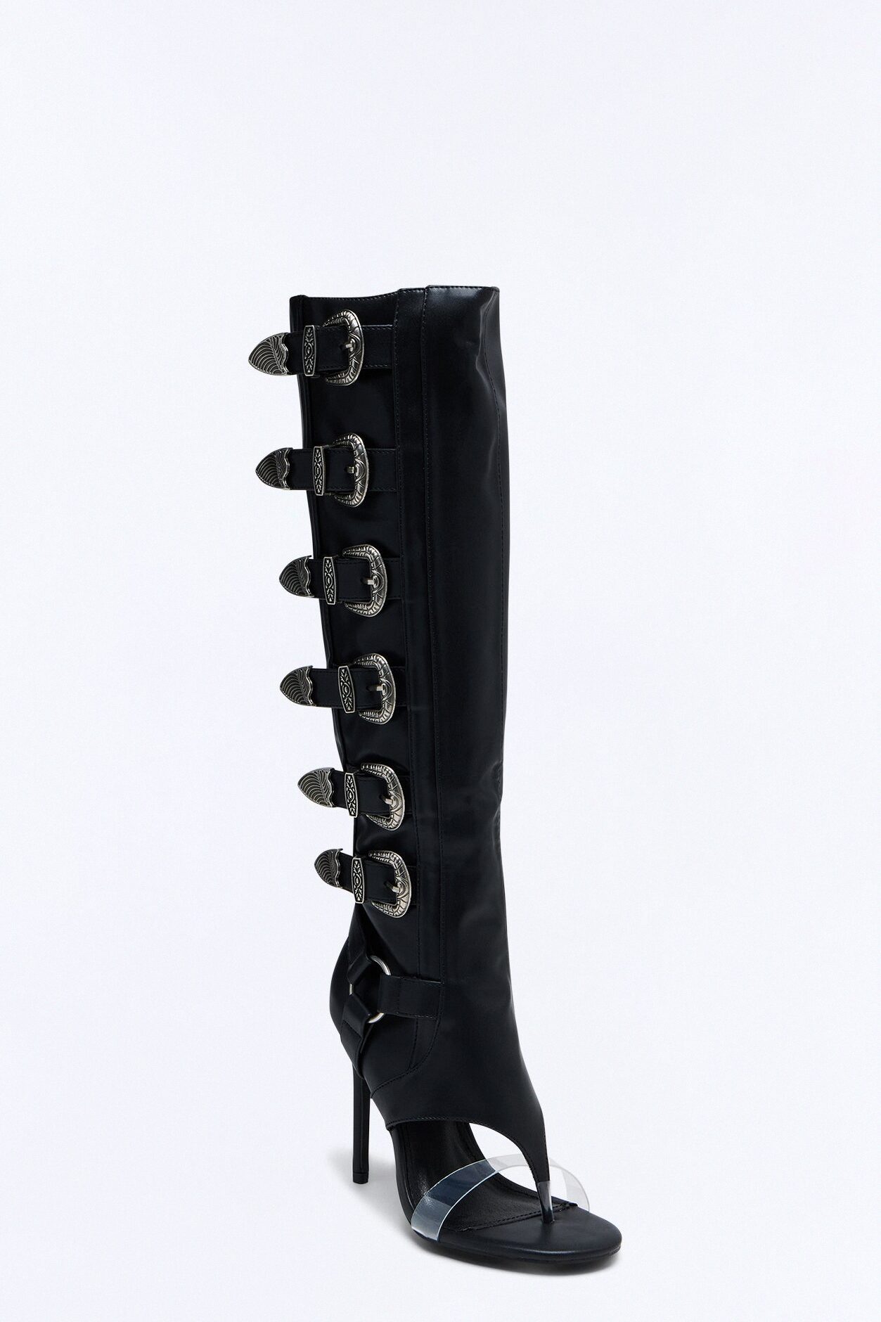 Elarah Buckle Knee High Thong Boots - Black