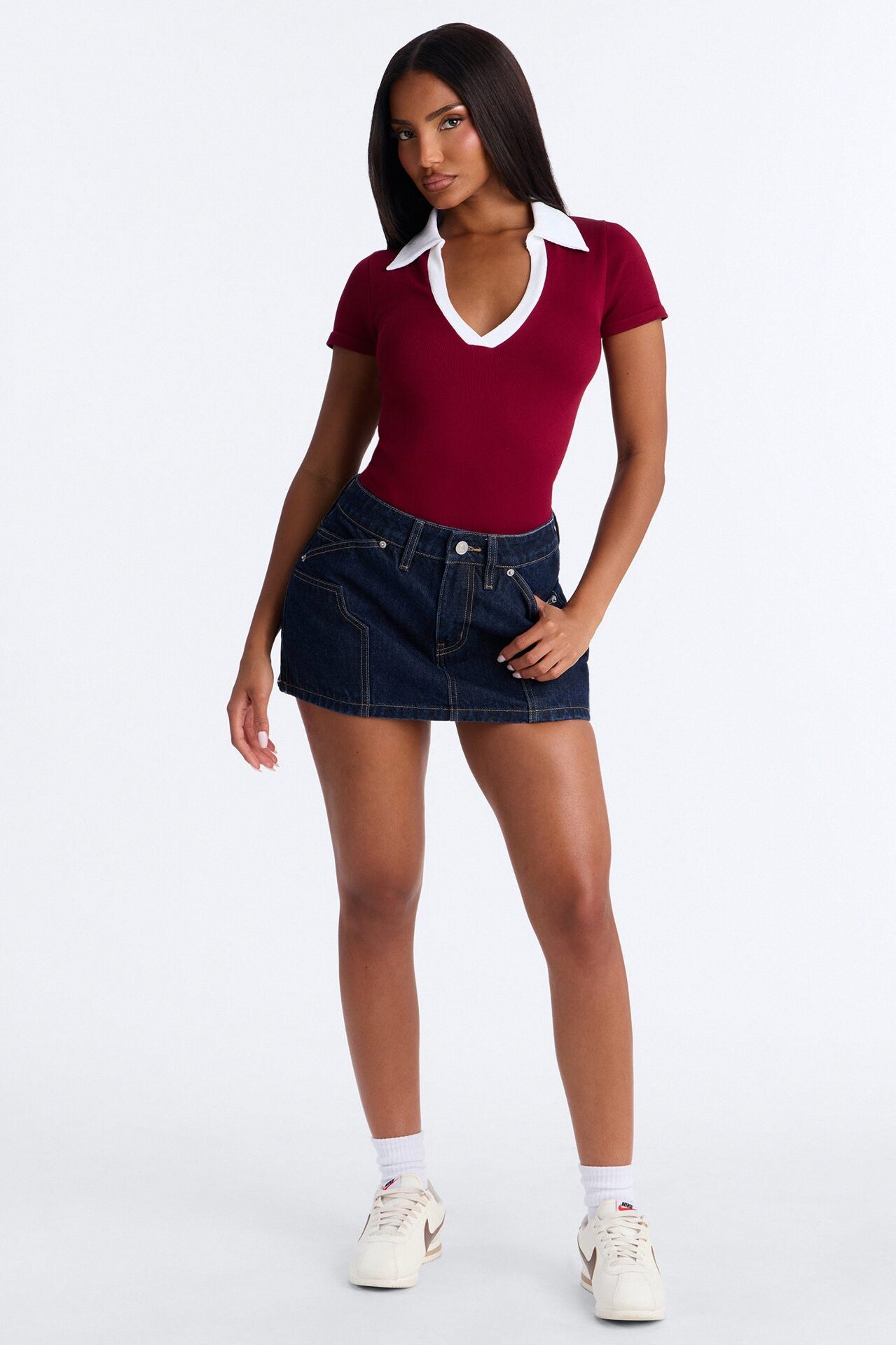 Shani Ribbed Collared Short Sleeve Bodysuit - Wine/combo