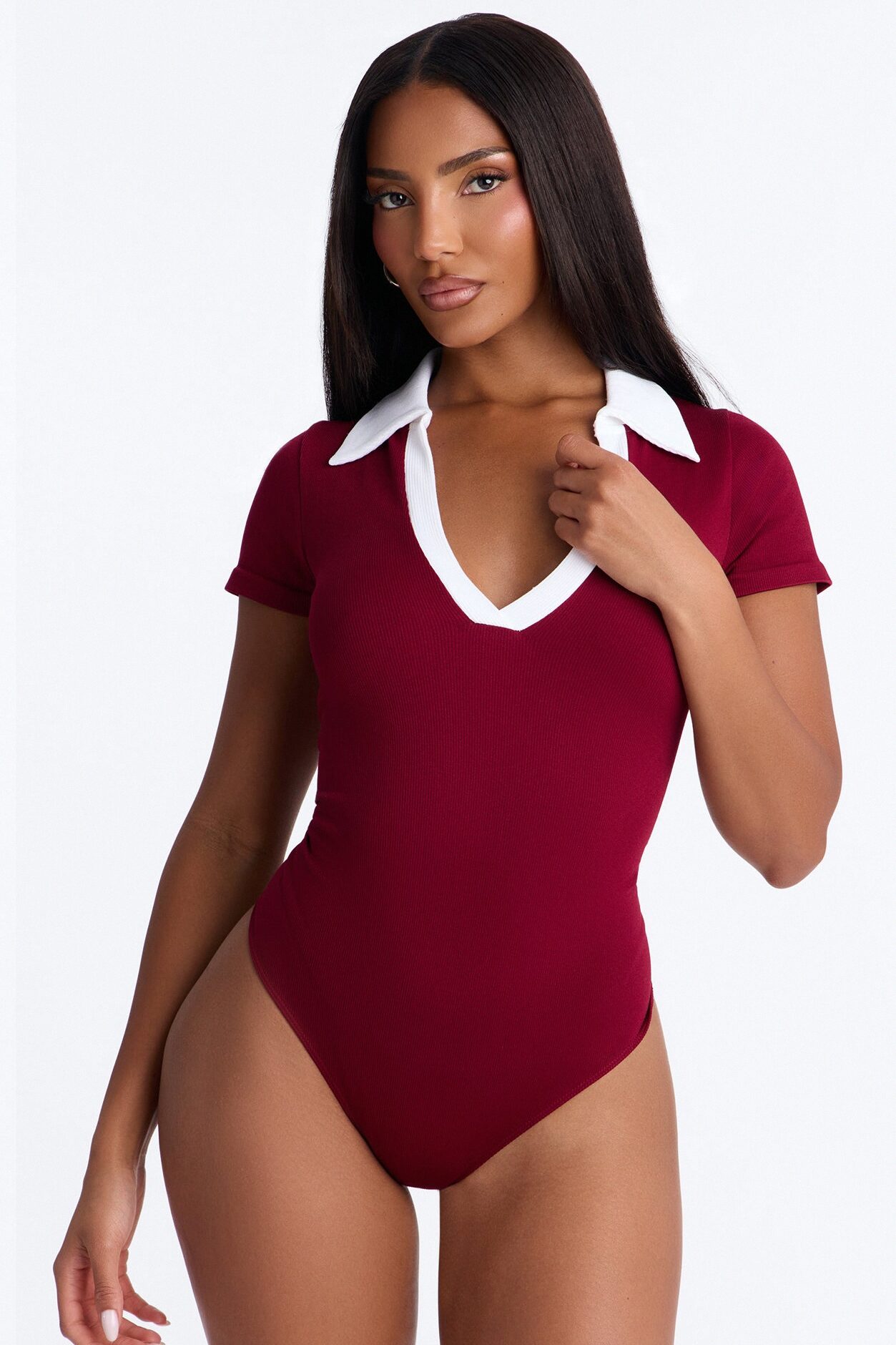 Shani Ribbed Collared Short Sleeve Bodysuit - Wine/combo