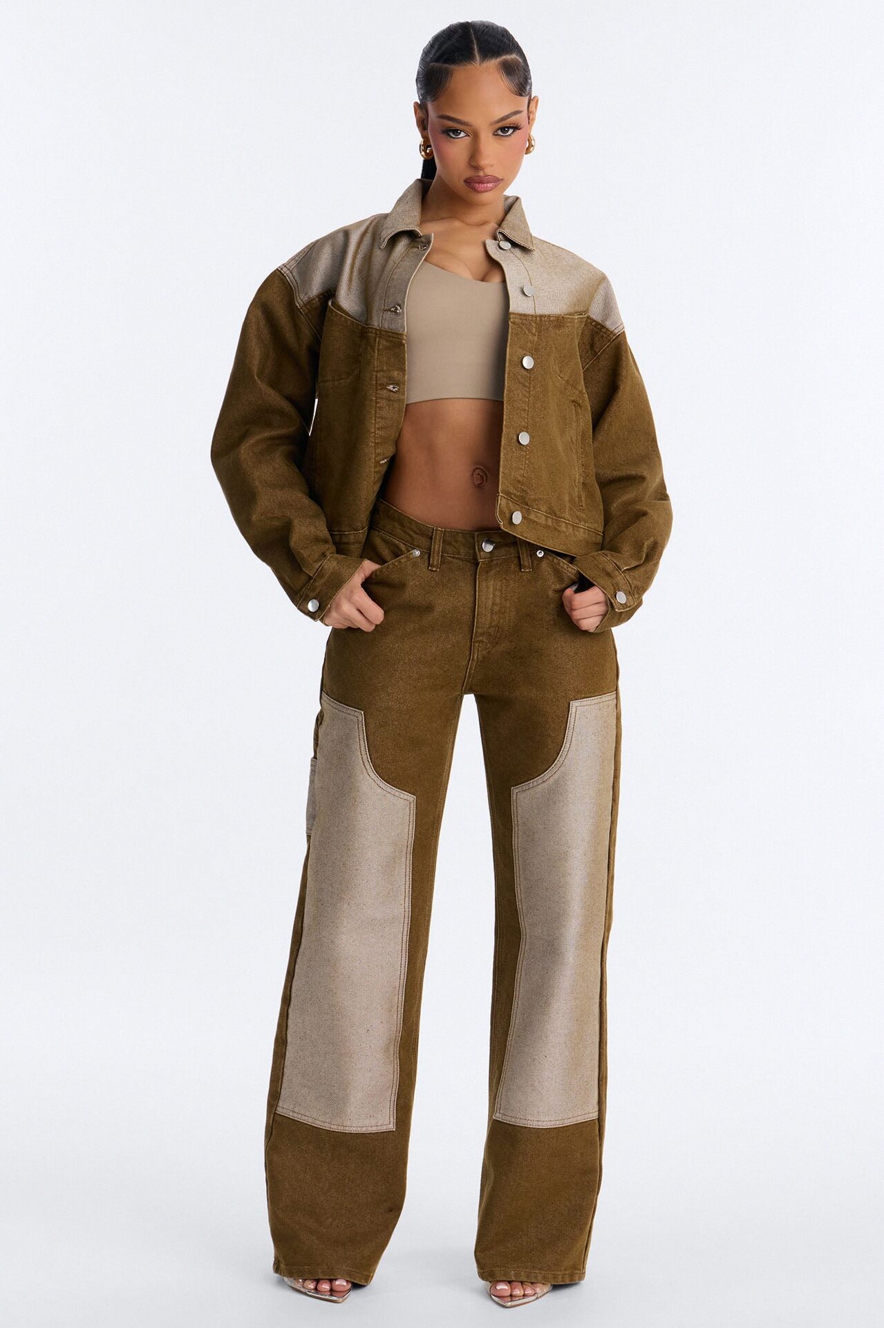 The Cold Shoulder Shiny Denim Jeans - Brown