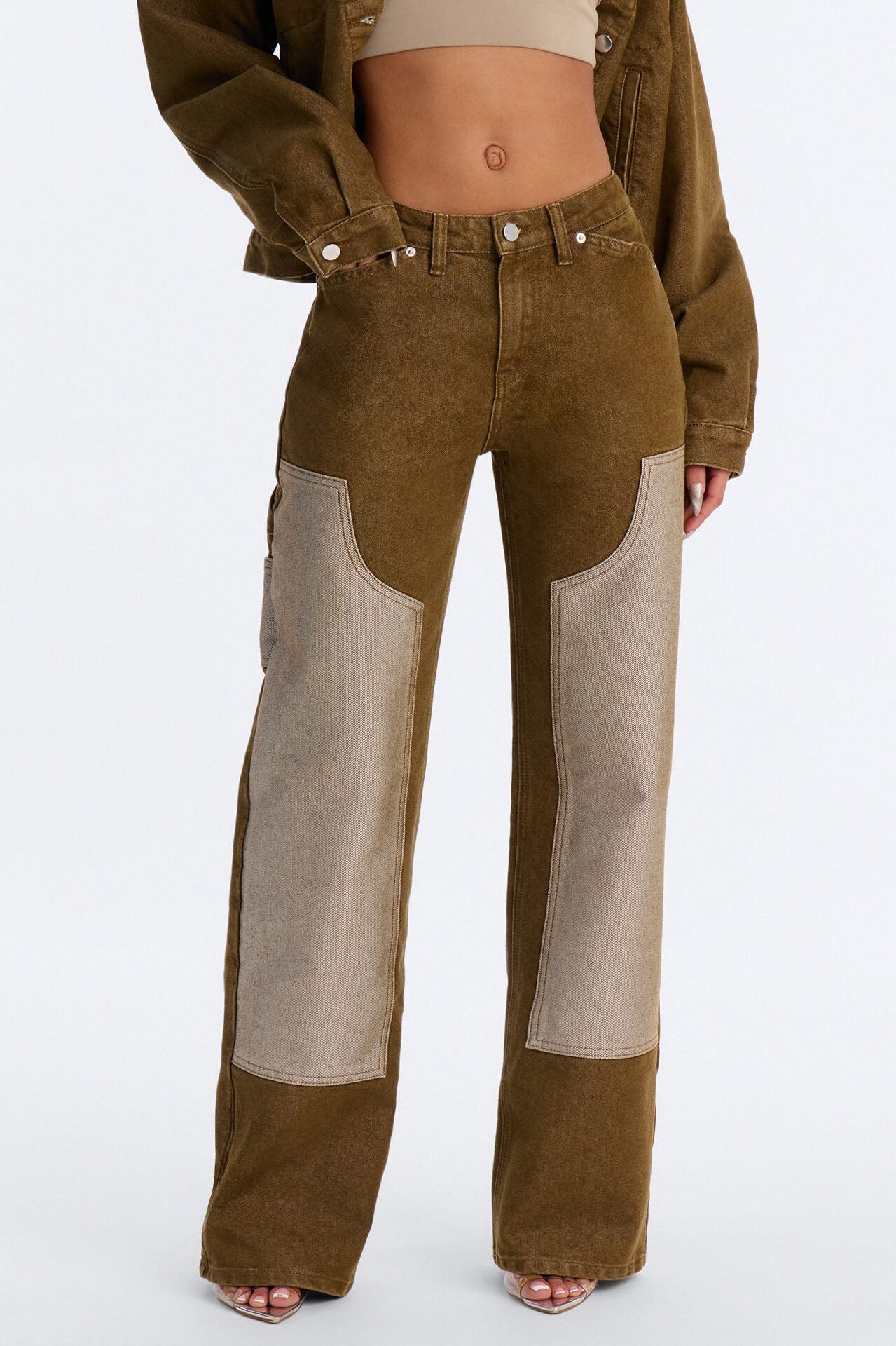 The Cold Shoulder Shiny Denim Jeans - Brown