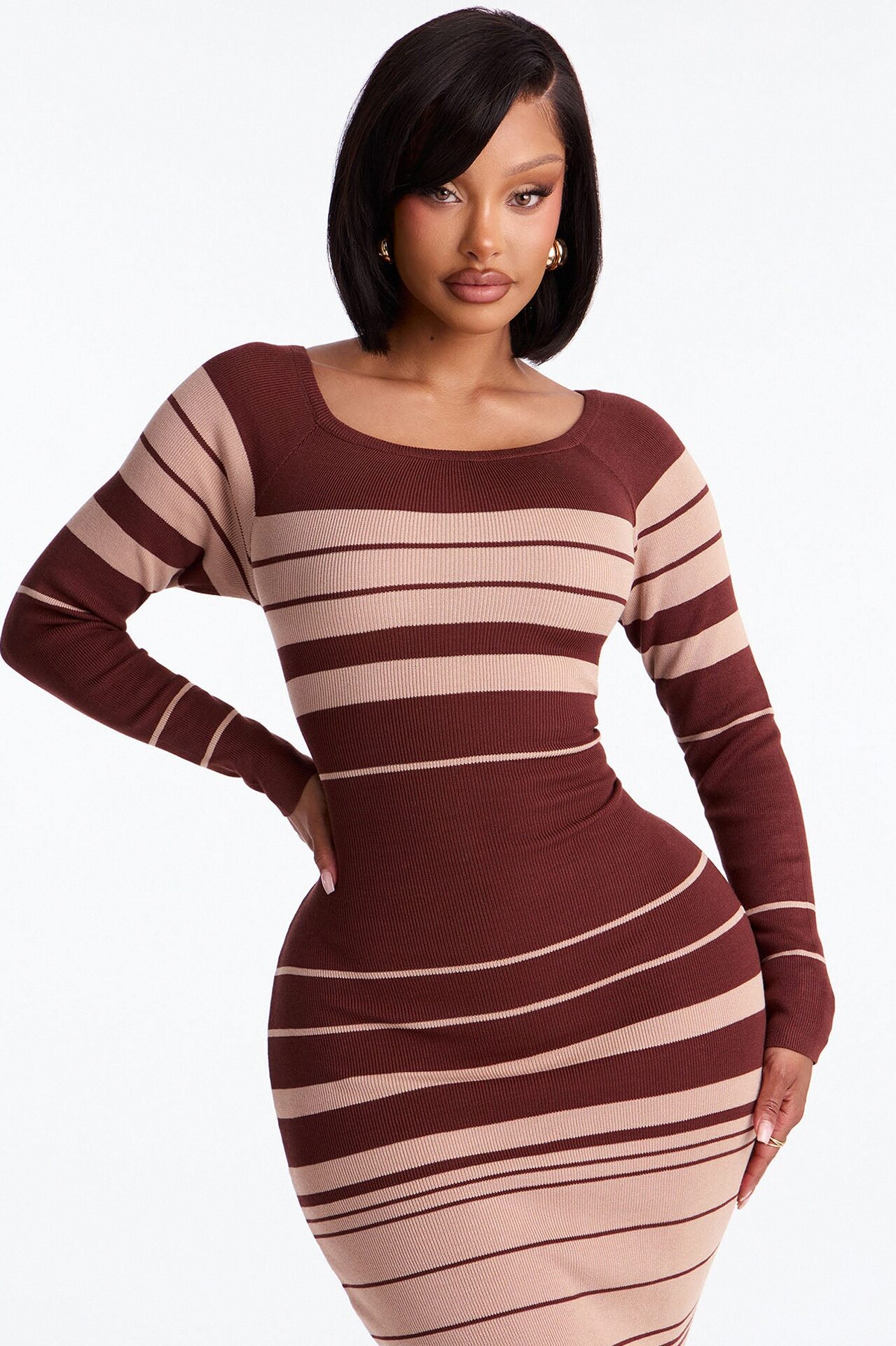 Line Me Up Striped Sweater Midi Dress - Chocolate