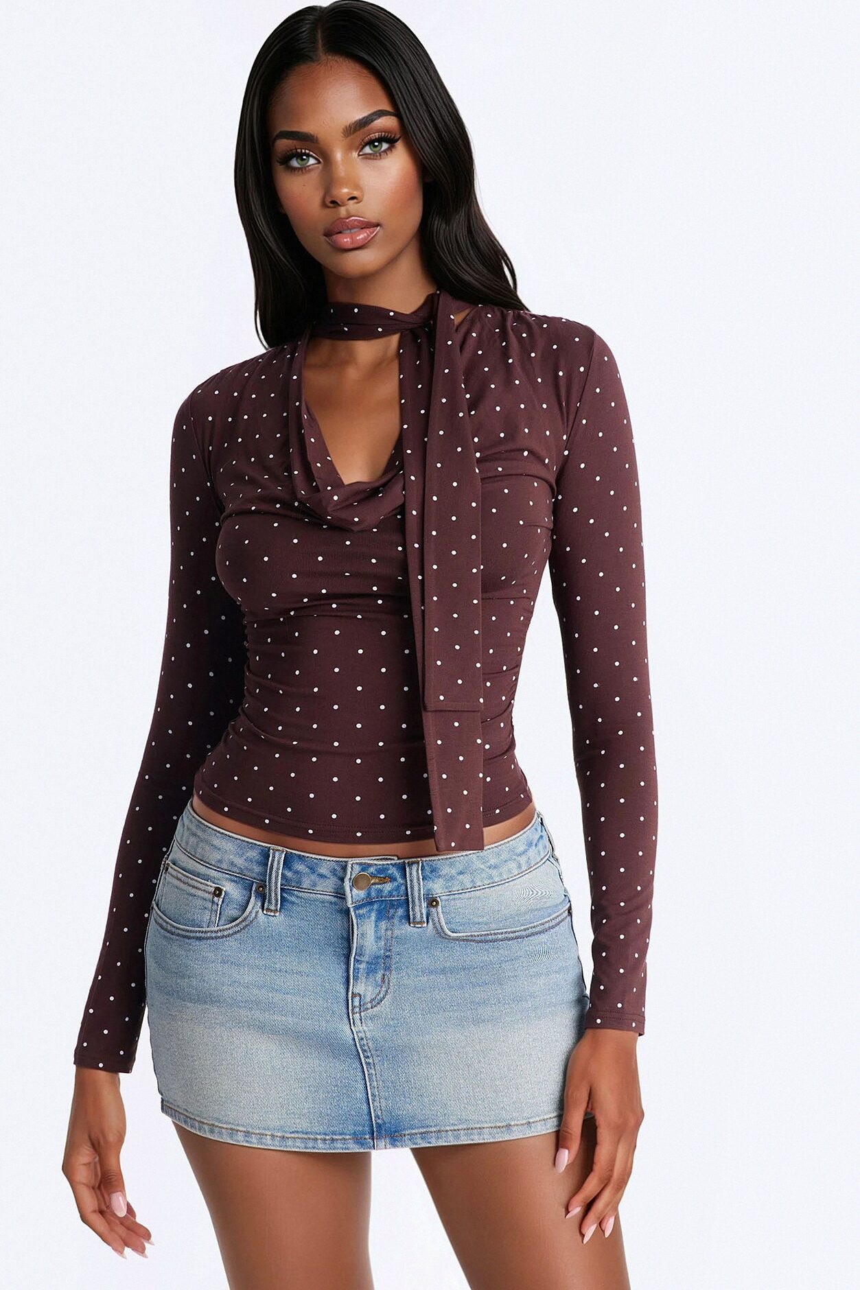 Aria Polka Dot Long Sleeve Top - Brown/combo
