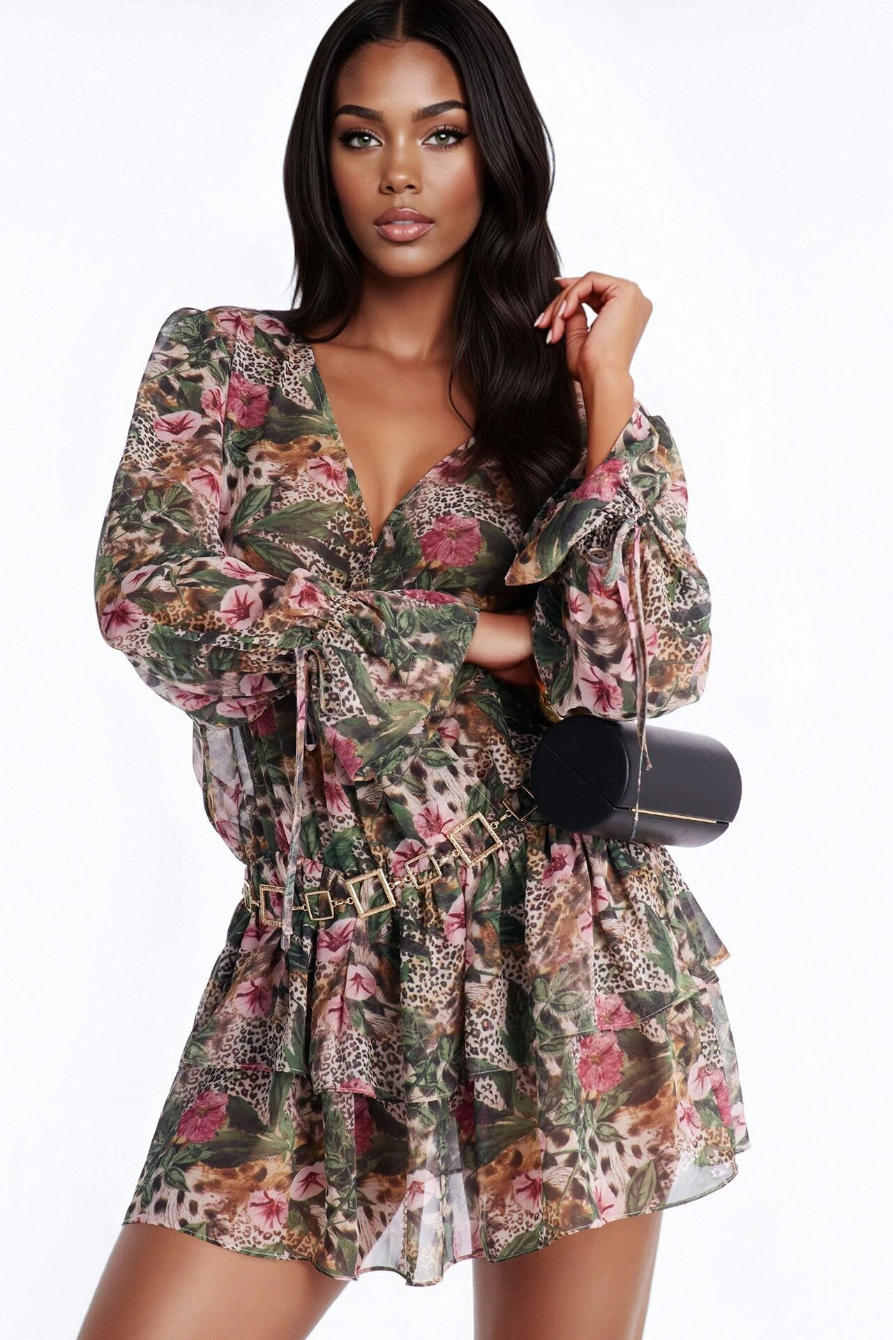 Davina Belted Chiffon Mini Dress - Olive/combo