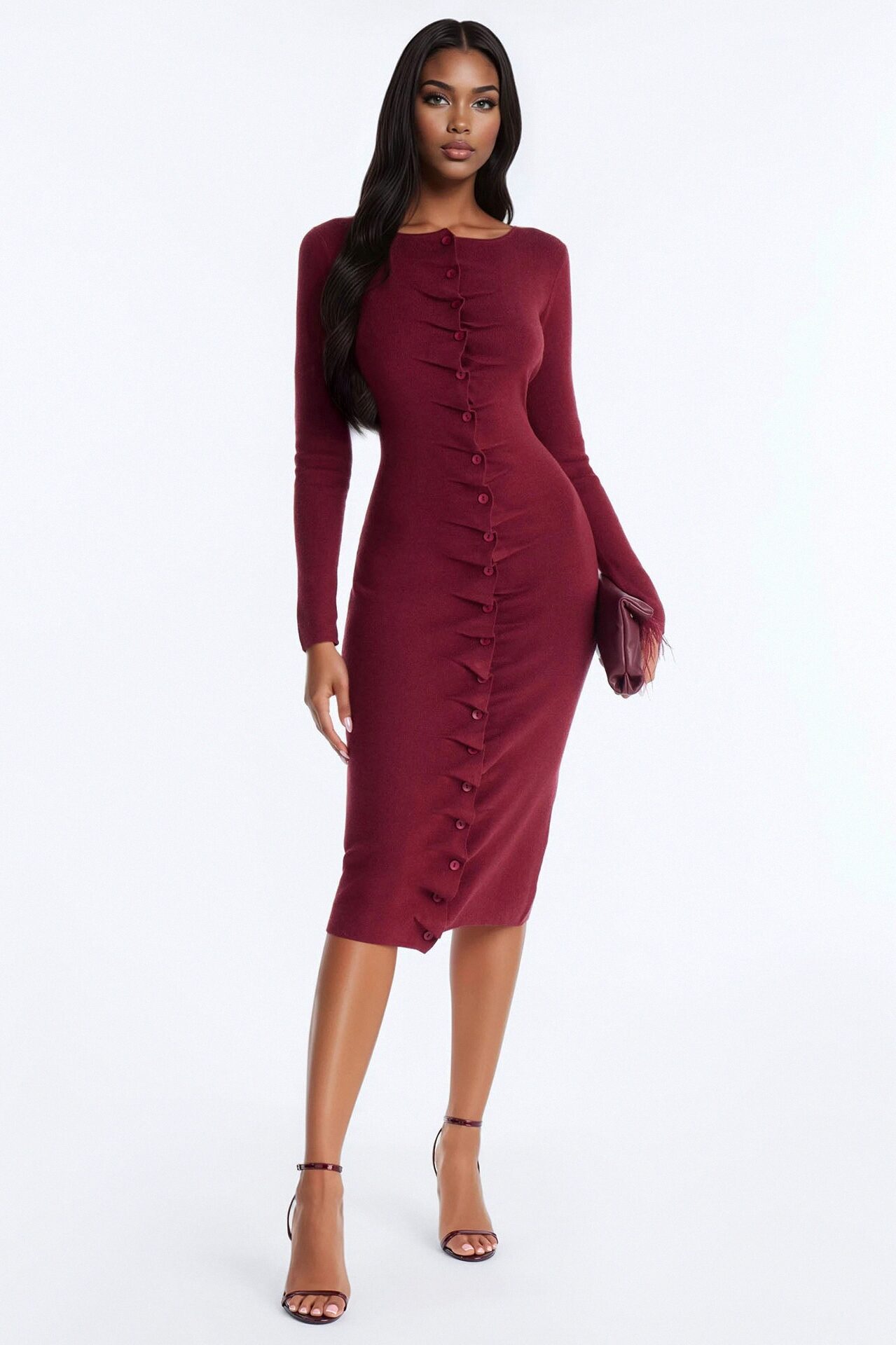 Jaime Sweater Button Up Midi Dress - Burgundy