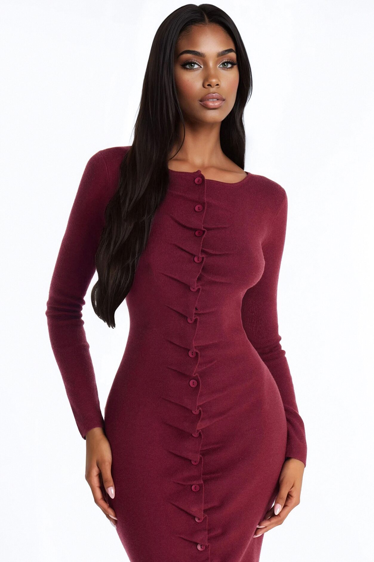 Jaime Sweater Button Up Midi Dress - Burgundy