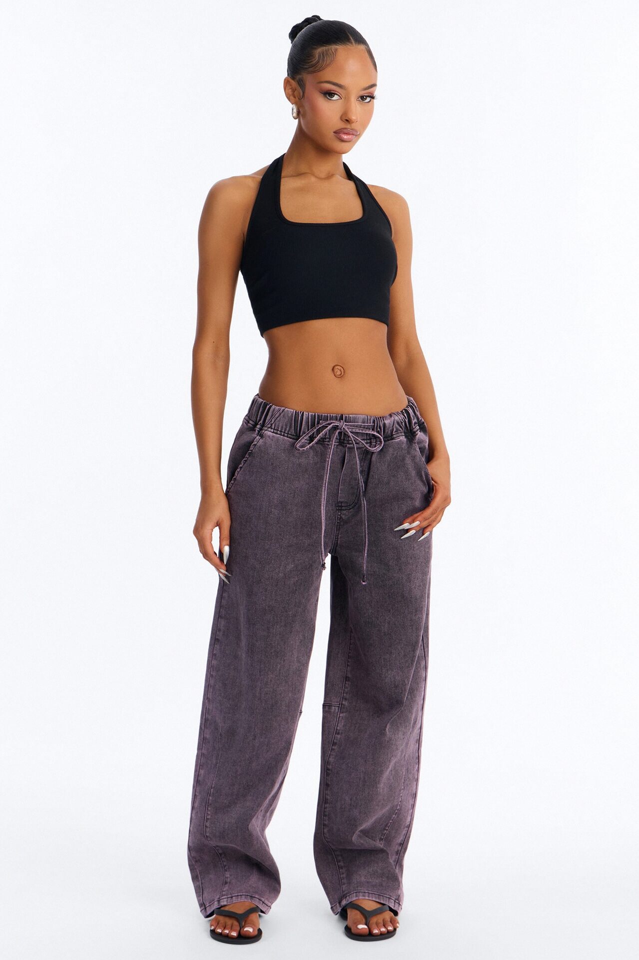 Vacay Mood Relaxed Tie Waist Jeans - Eggplant
