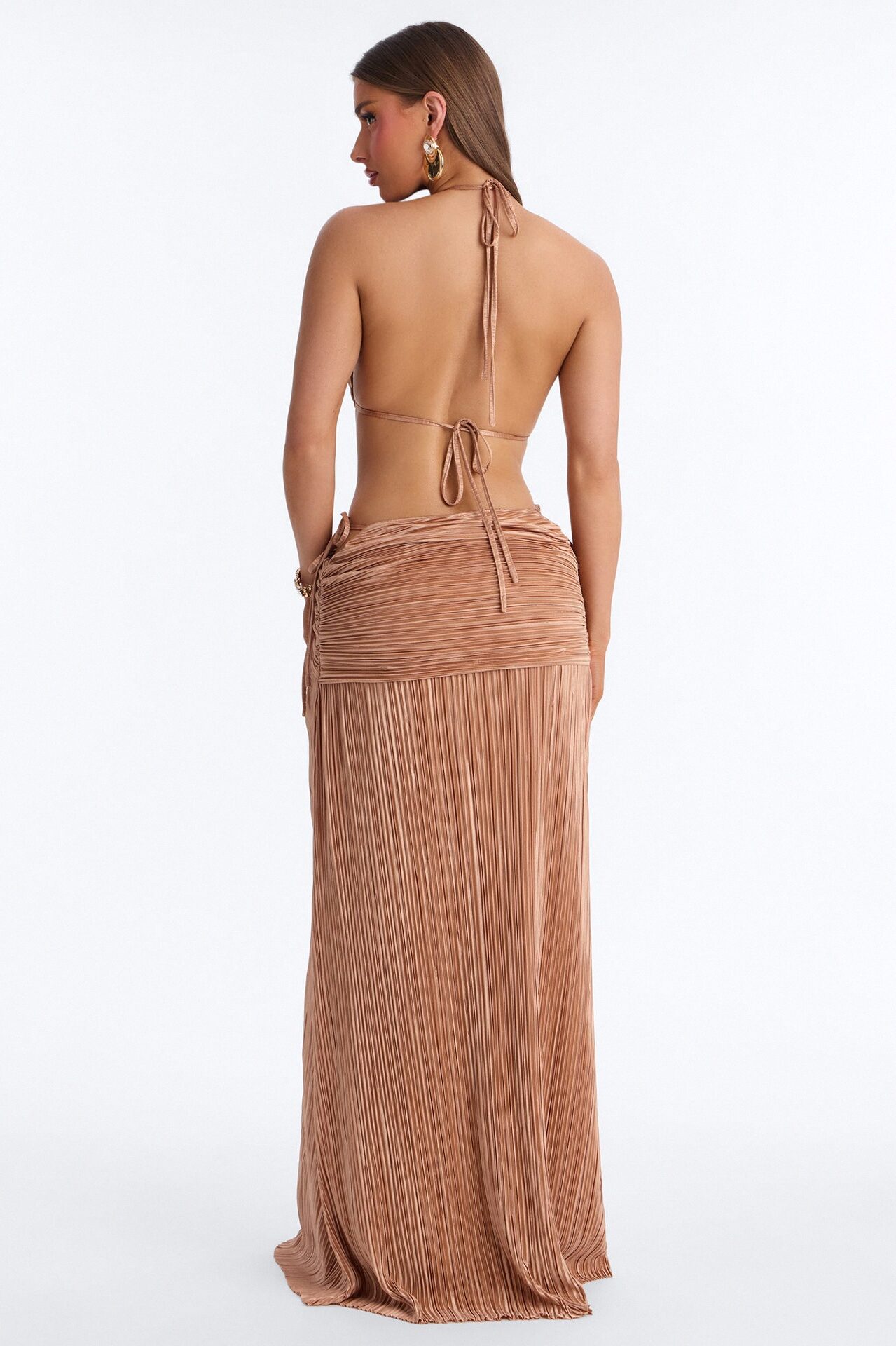 Nissa Plisse Halter Maxi Dress - Gold
